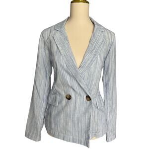 Hem & Thread Blue Stripe Linen Blend Blazer Jacket Lace Trim Small